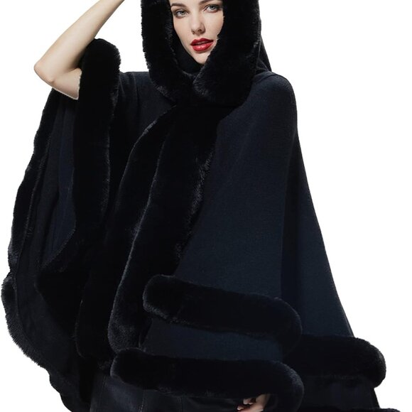 Women Hooded Poncho Cape Faux Fur Shawl Wrap with Fur Trim Sleeveless Cardigan D